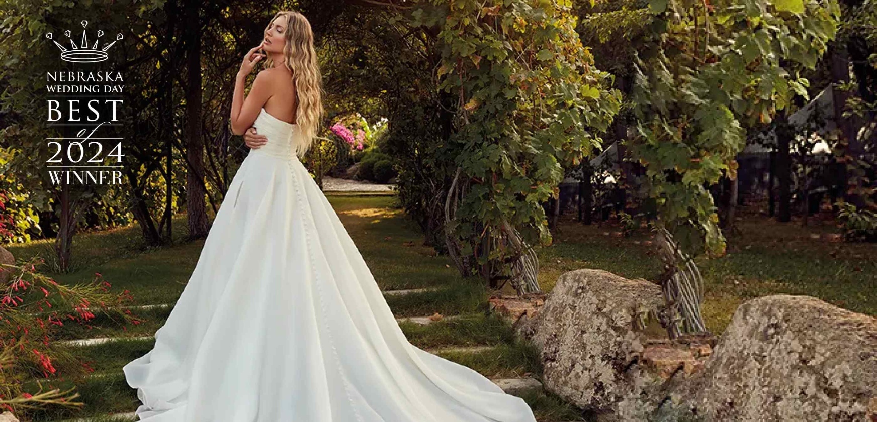 Model wearing a white gown